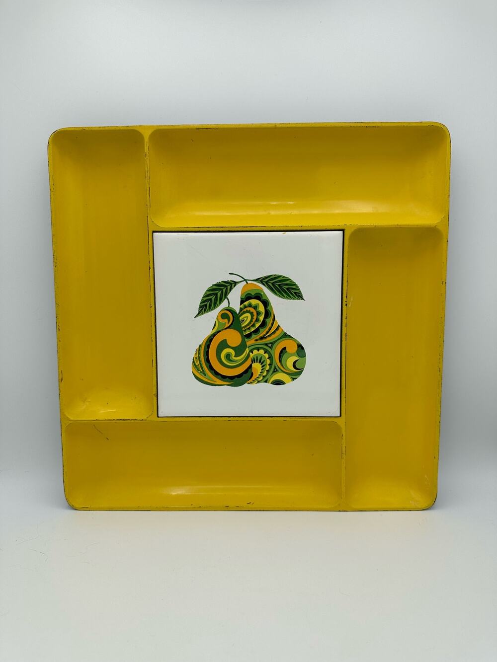Vintage MCM Plastic Tray, Divided Yellow Tray with Pear Motif